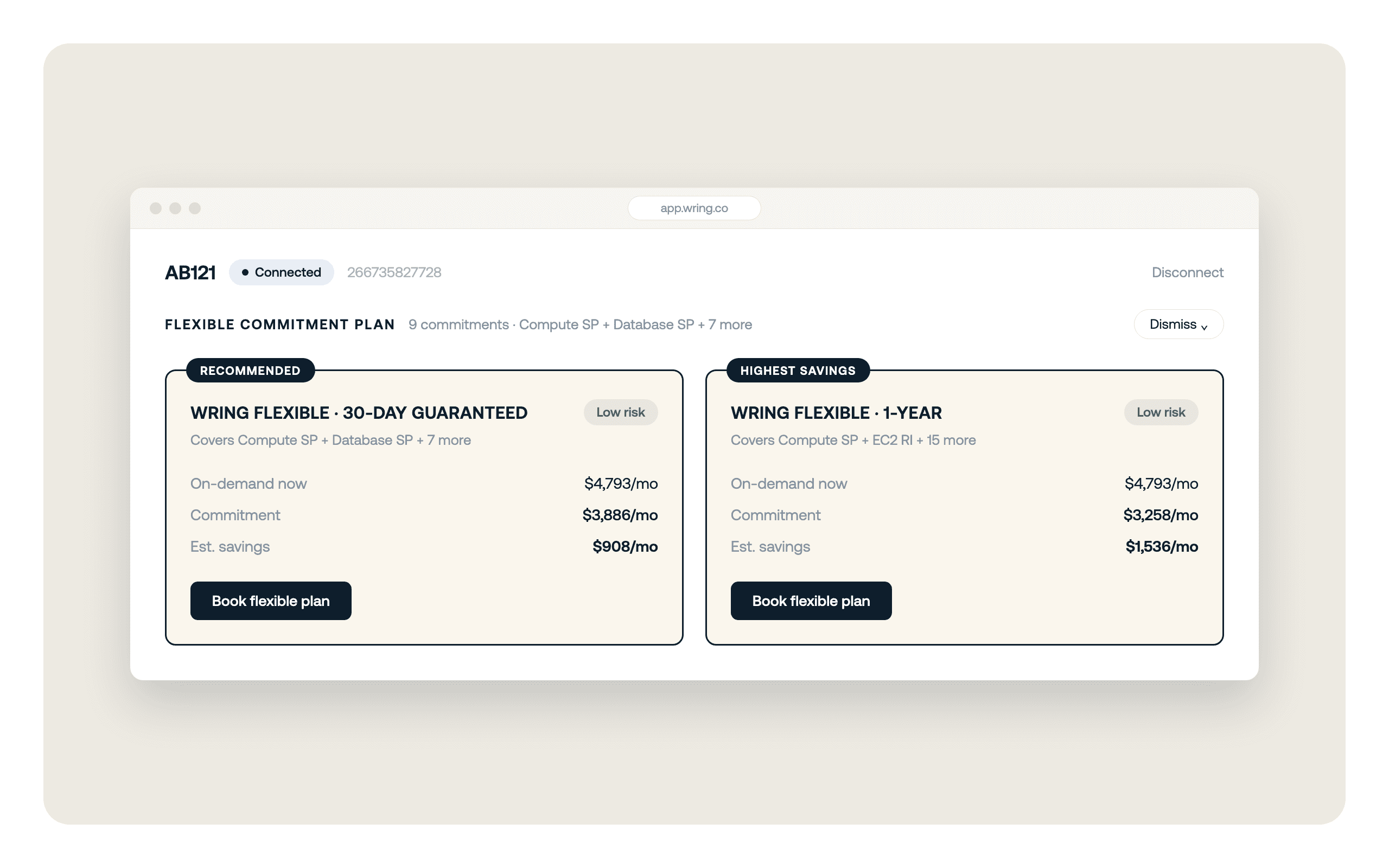 The Wring app showing two flexible commitment plans for a connected AWS account, with the on-demand cost, the commitment and the estimated monthly saving side by side
